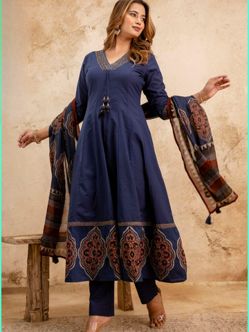 Premium Cotton Blue Kurta Set with Ajrakh Print