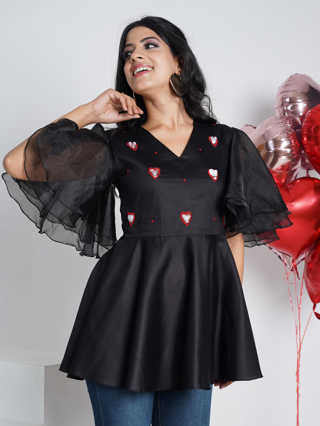 Love Blossom Black  Pure Cotton Peplum Top