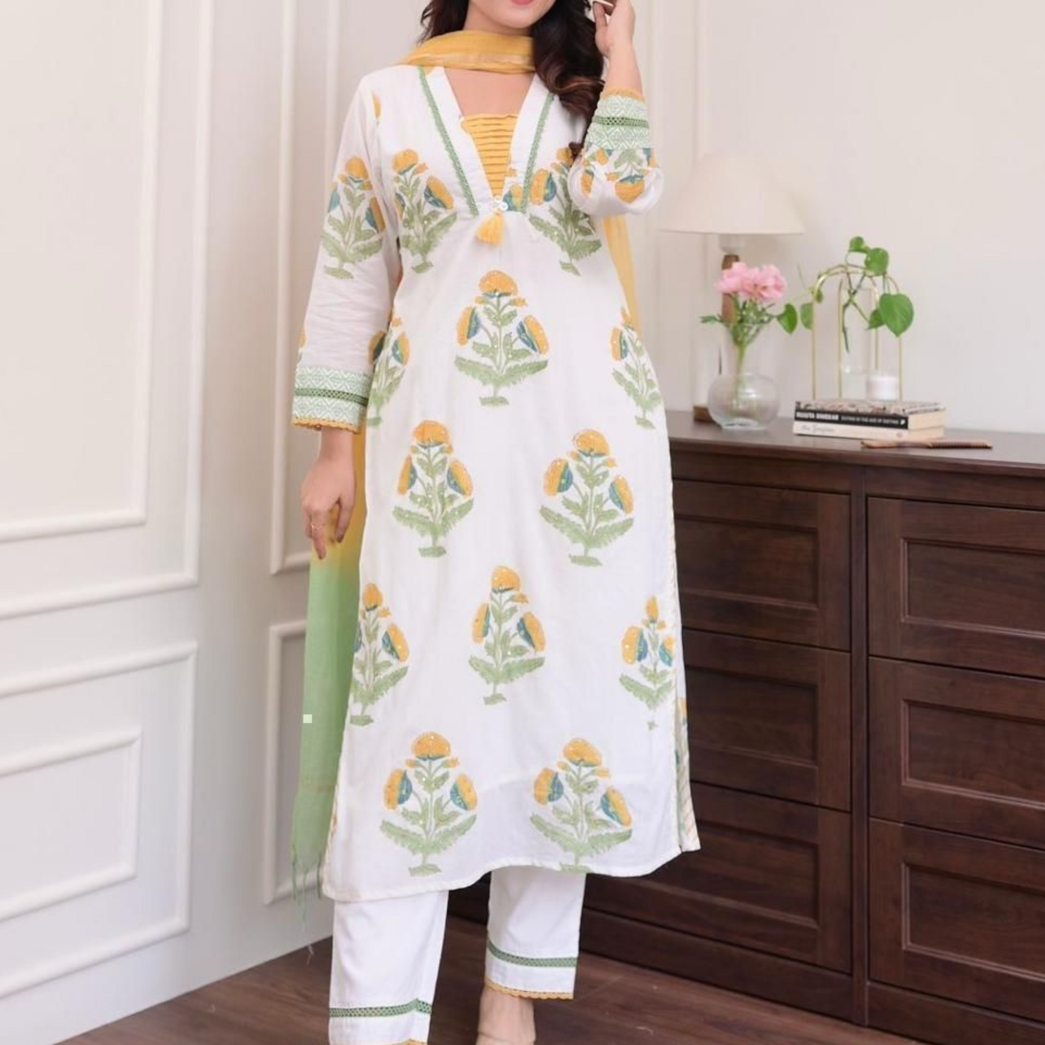 Pure Cotton Yellow White Floral Printed 3PC Suit Sets