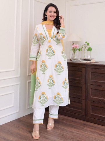 Pure Cotton Yellow White Floral Printed 3PC Suit Sets