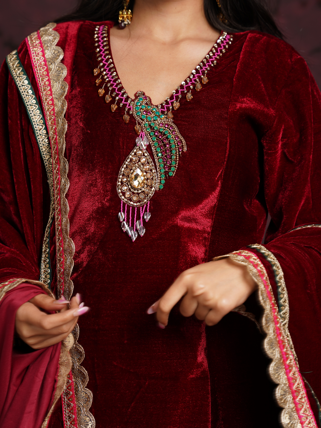 Ruby Red A Line Hand Embroidered Velvet Suit