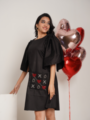 Criss Cross Black Hand Embroidered Pure Cotton A- shape dress