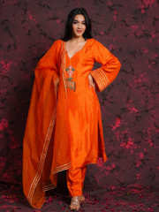 Pichwai Art Orange Silk Hand Embroidered Suit Set