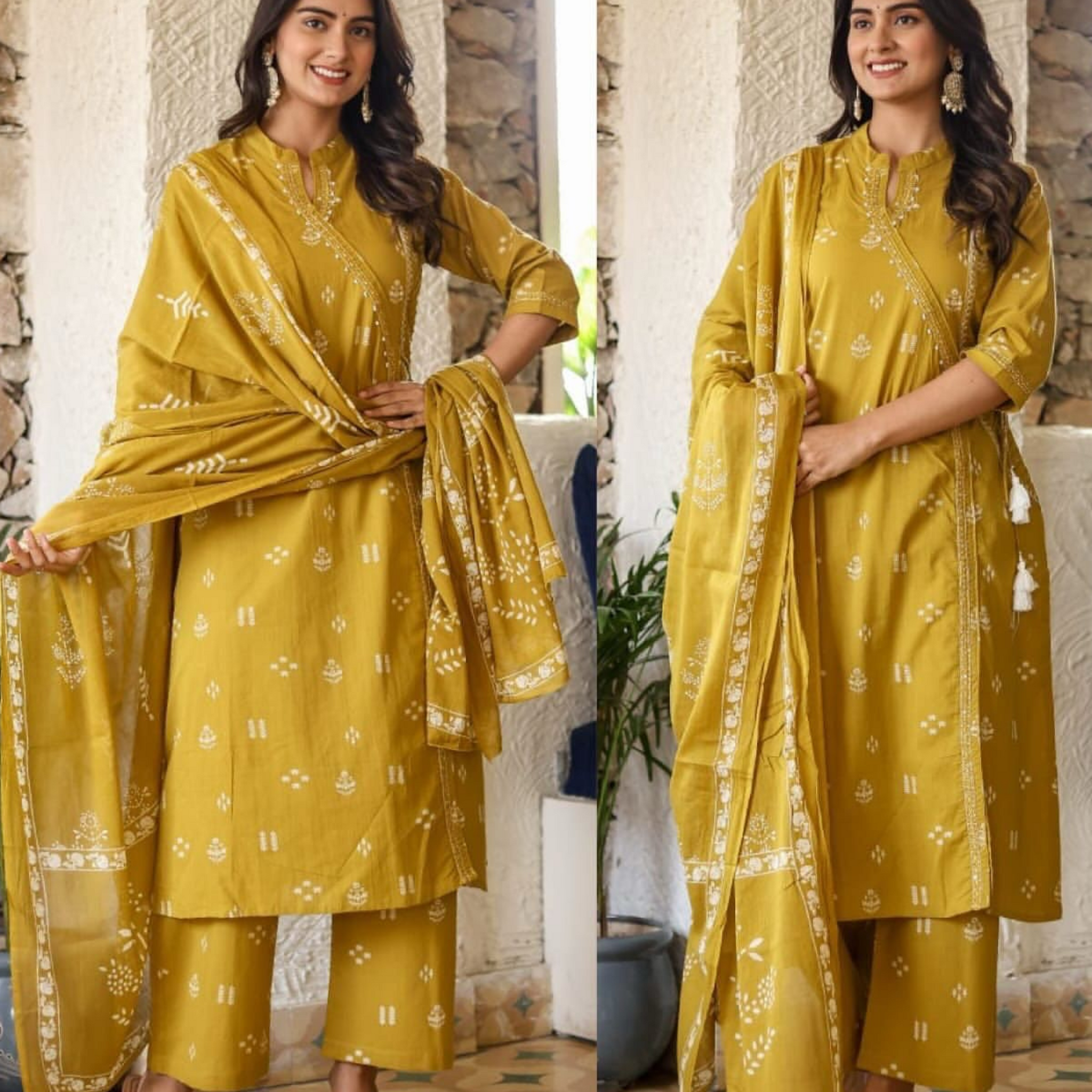 Nisha Angrakha Cotton 3PC Suit Set- Yellow