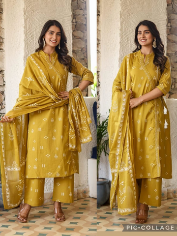 Nisha Angrakha Cotton 3PC Suit Set- Yellow