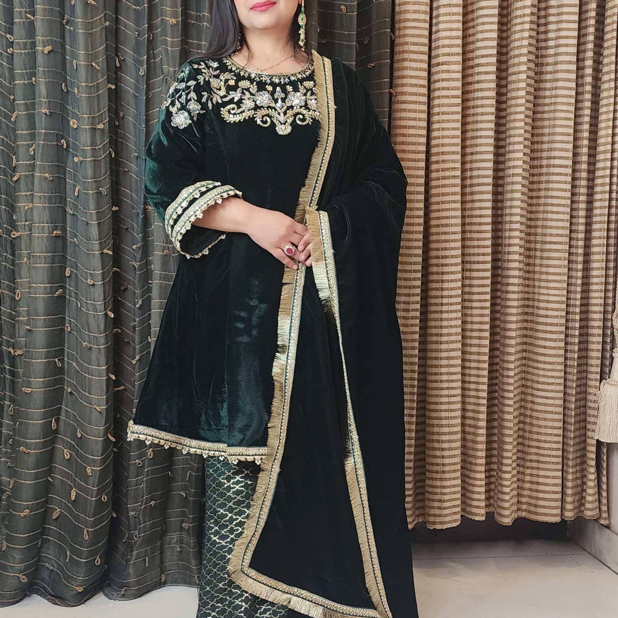 Bottle Green A Line Hand Embroidered Velvet Suit With Sharara