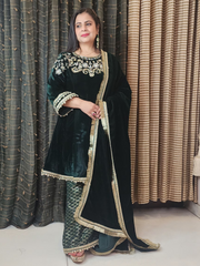 Bottle Green A Line Hand Embroidered Velvet Suit With Sharara