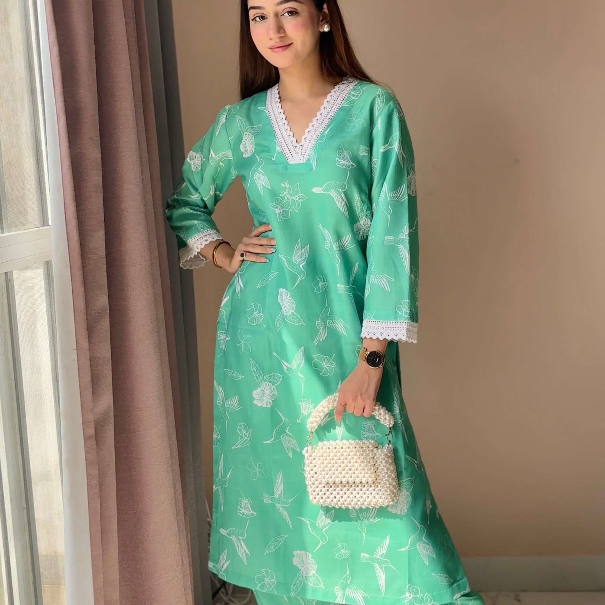 Cotton Linen Kurta Set Oia Green Bird Print