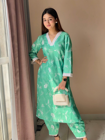 Cotton Linen Kurta Set Oia Green Bird Print