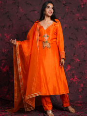 Pichwai Art Orange Silk Hand Embroidered Suit Set