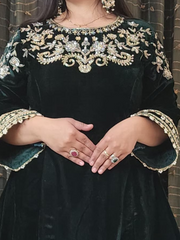 Bottle Green A Line Hand Embroidered Velvet Suit With Sharara