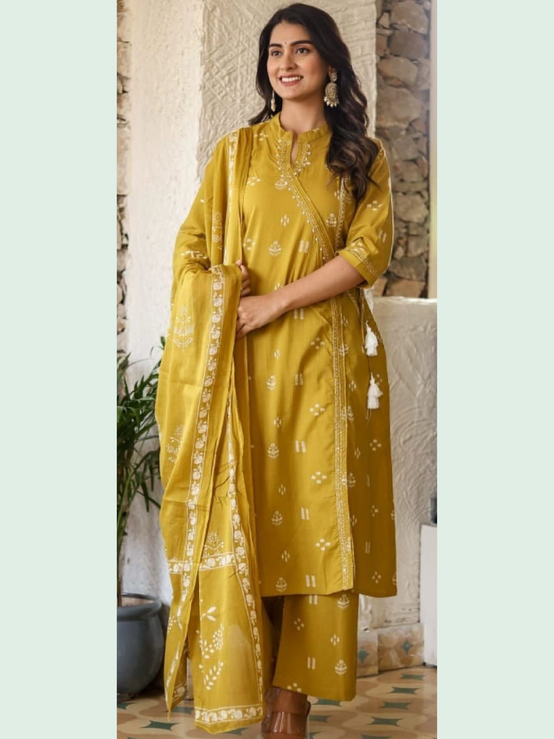 Nisha Angrakha Cotton 3PC Suit Set- Yellow