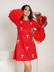 Knotty Affaire Red  Embroidered Pure Cotton A- shape dress