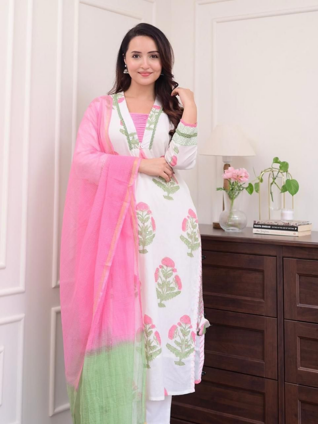 Pure Cotton Pink White Floral Printed 3PC Suit Sets