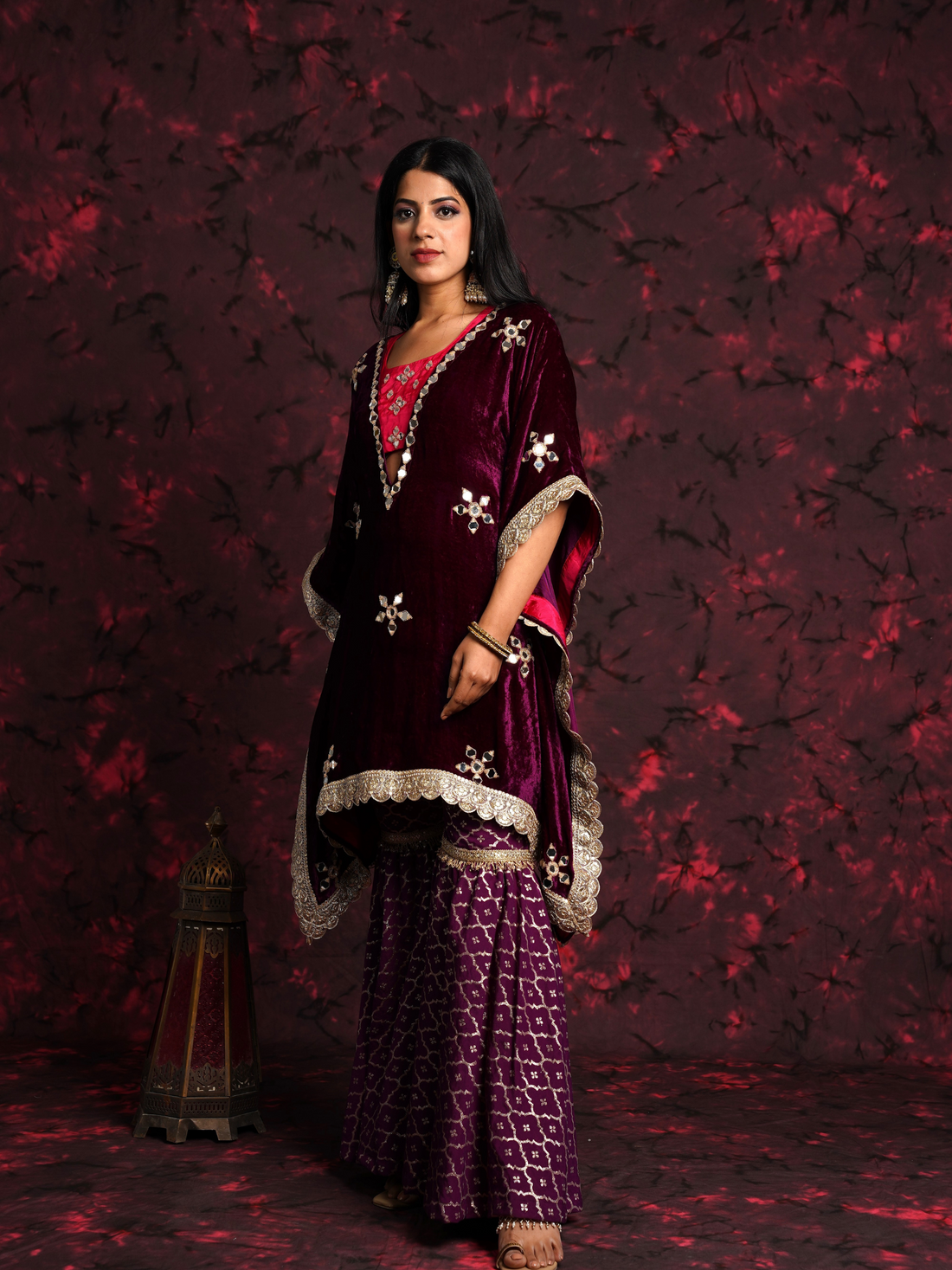Purple Velvet Embroidered  Short Kaftan Set With Garara