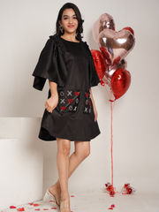 Criss Cross Black Hand Embroidered Pure Cotton A- shape dress