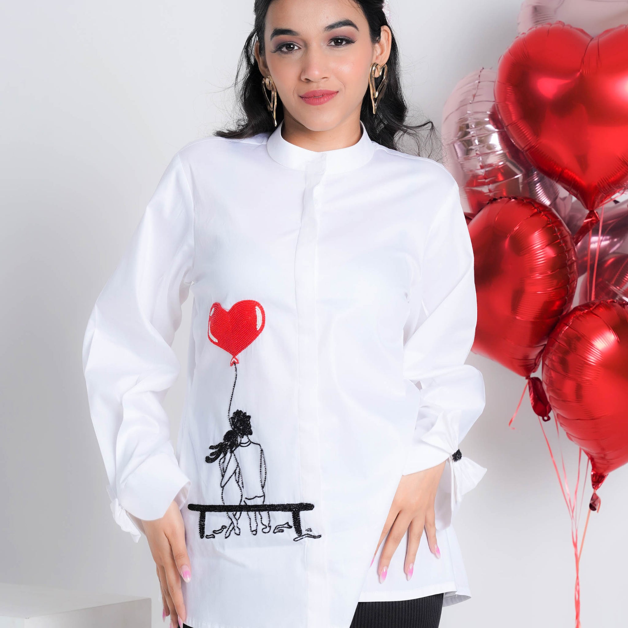 Love Birds' Embroidered White  Pure Cotton Shirt