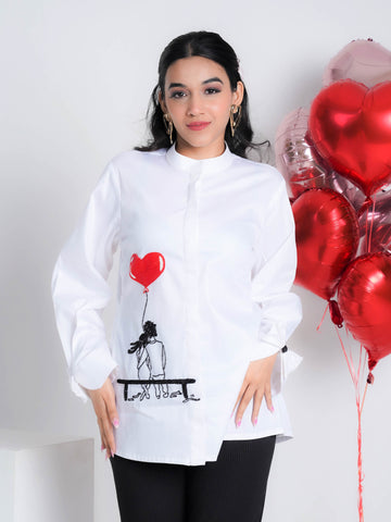 Love Birds' Embroidered White  Pure Cotton Shirt