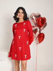 Knotty Affaire Red  Embroidered Pure Cotton A- shape dress