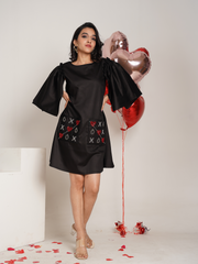 Criss Cross Black Hand Embroidered Pure Cotton A- shape dress