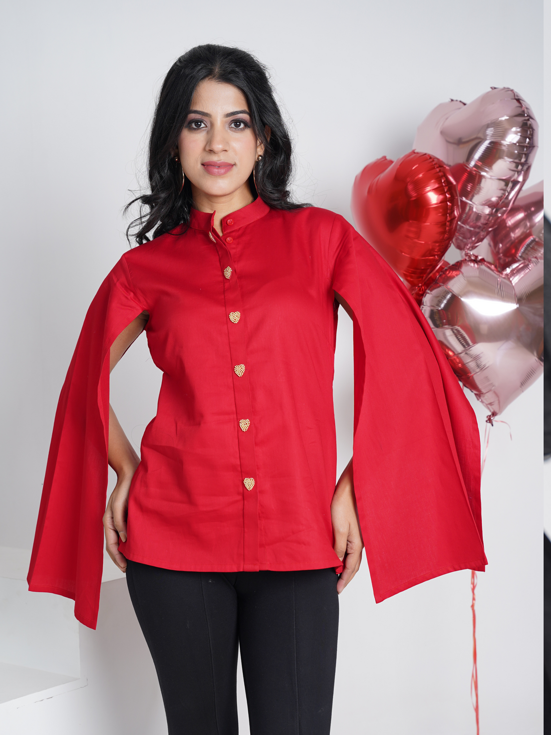 Love over Champagne Red Embroidered Pure Cotton Shirt with cape sleeves