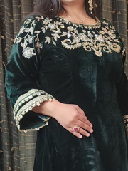 Bottle Green A Line Hand Embroidered Velvet Suit With Sharara