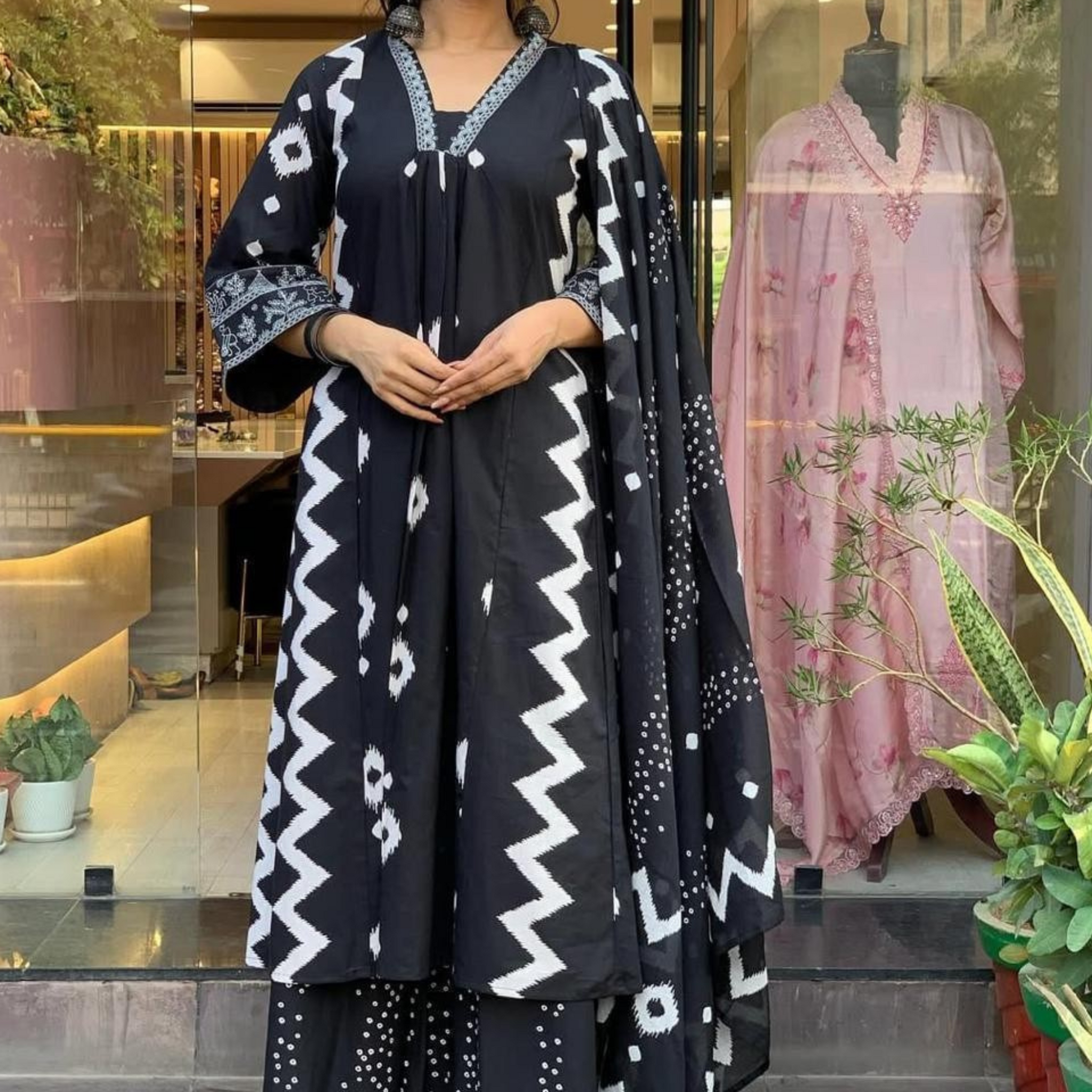 Cotton Black Printed A-line Kurti Set with Palazzo