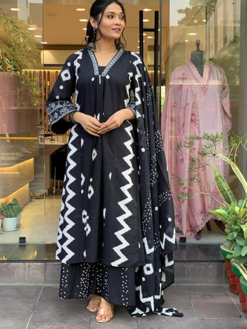 Cotton Black Printed A-line Kurti Set with Palazzo