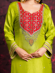 Sheeshphool Mehendi Green Silk Hand Embroidered Suit Set