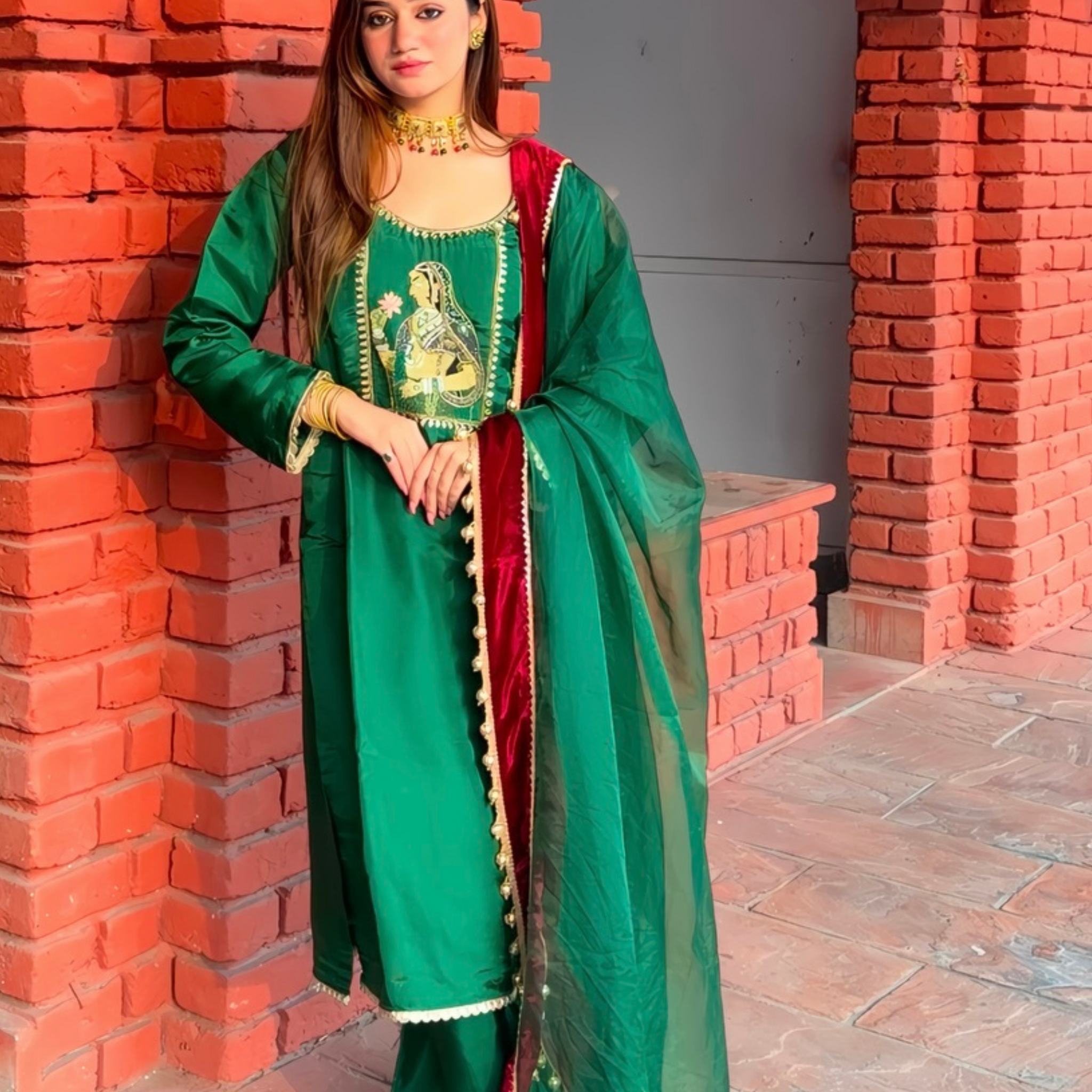 Begum Green Silk Hand Embroidered Suit Set