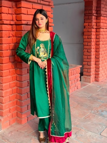 Begum Green Silk Hand Embroidered Suit Set