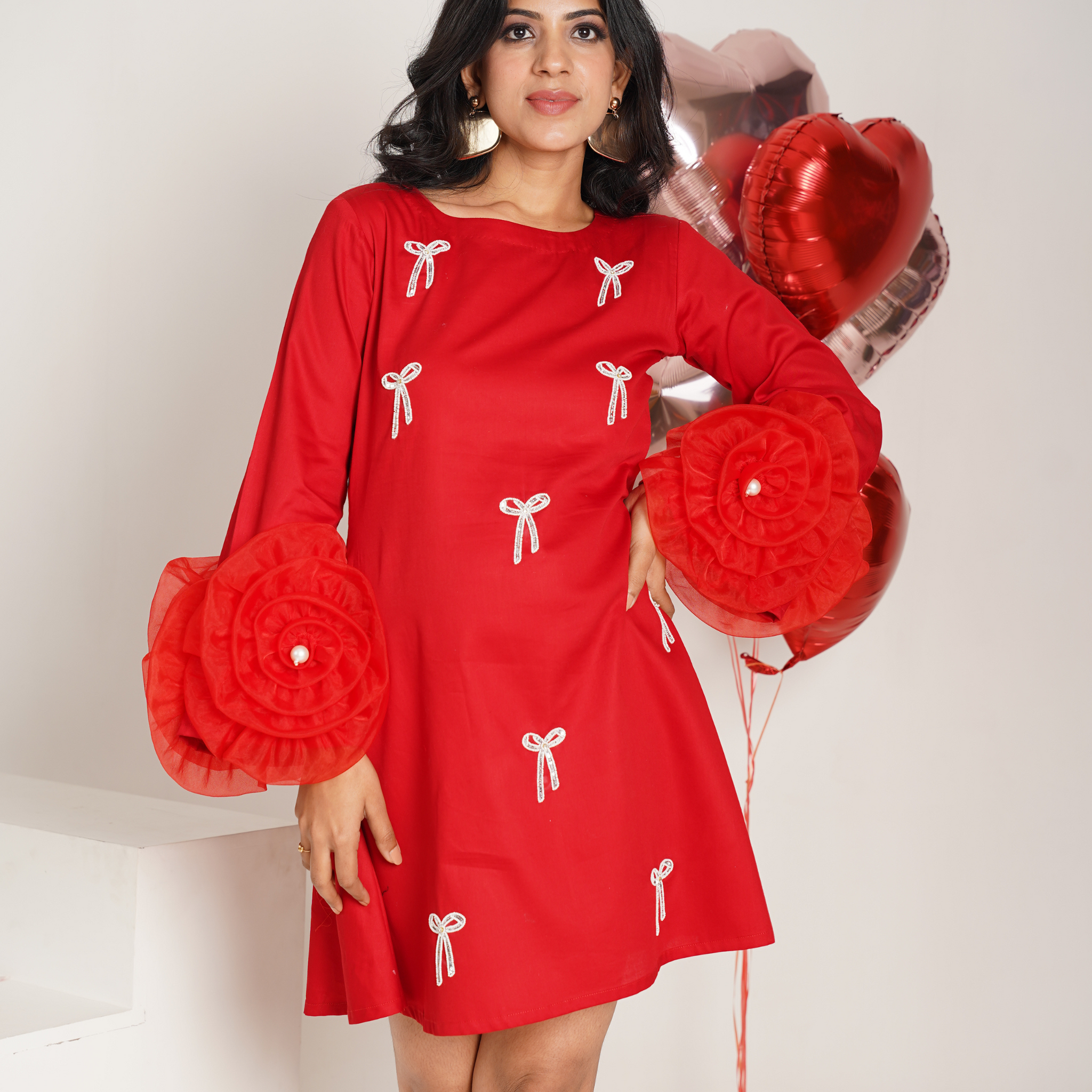 Knotty Affaire Red  Embroidered Pure Cotton A- shape dress