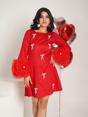 Knotty Affaire Red  Embroidered Pure Cotton A- shape dress