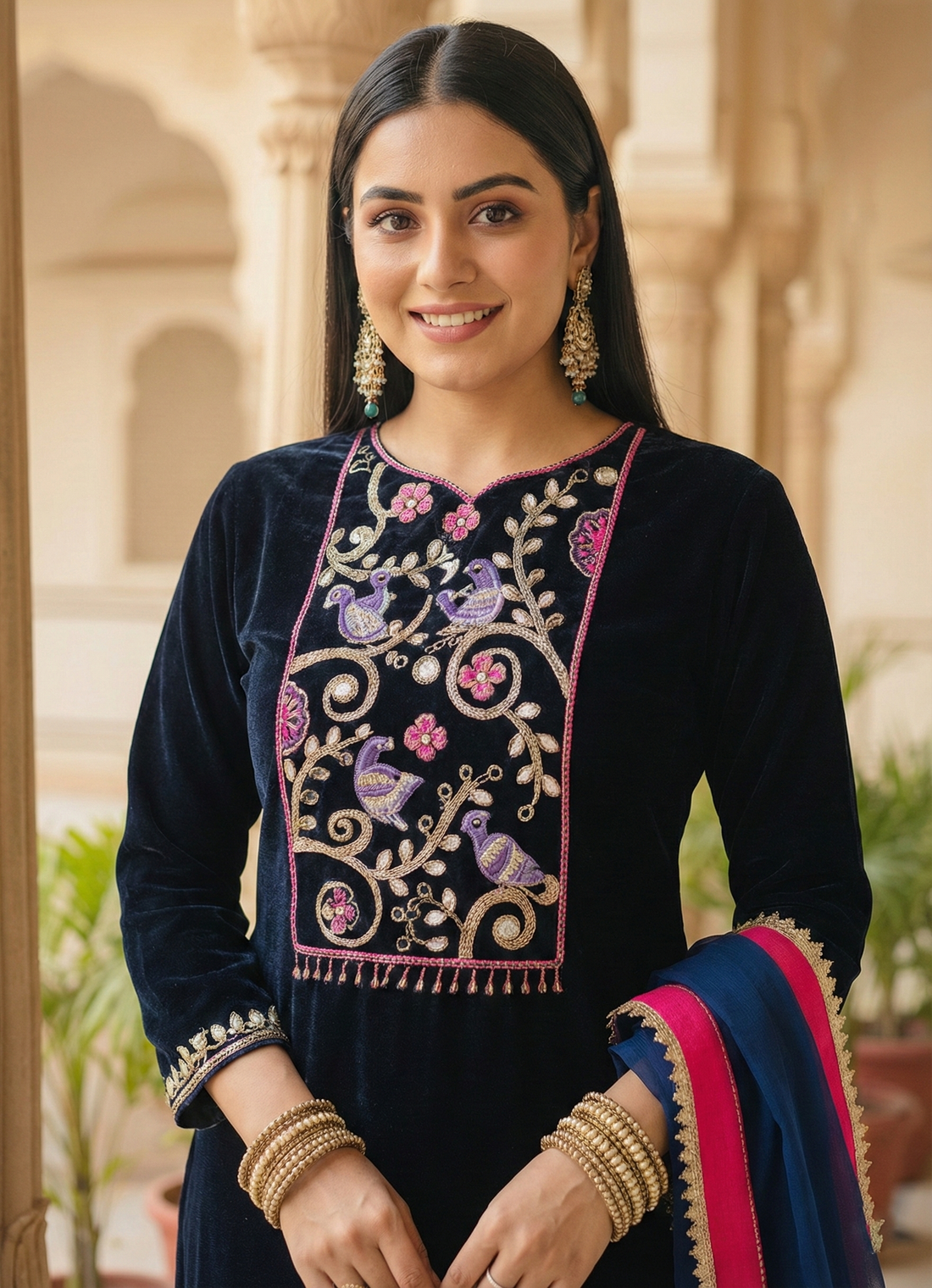 Birdie Tales Navy Blue Velvet Embroidered Suit