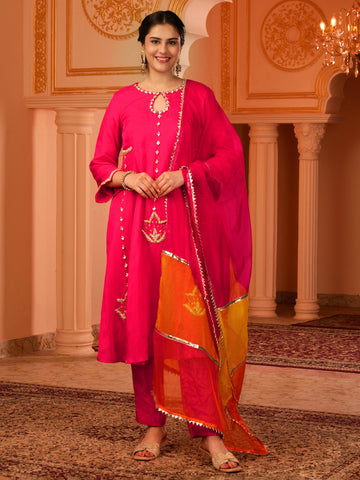 Kamal nayan Bright Pink Hand Embroidered A-shape Silk 3 piece Suit set