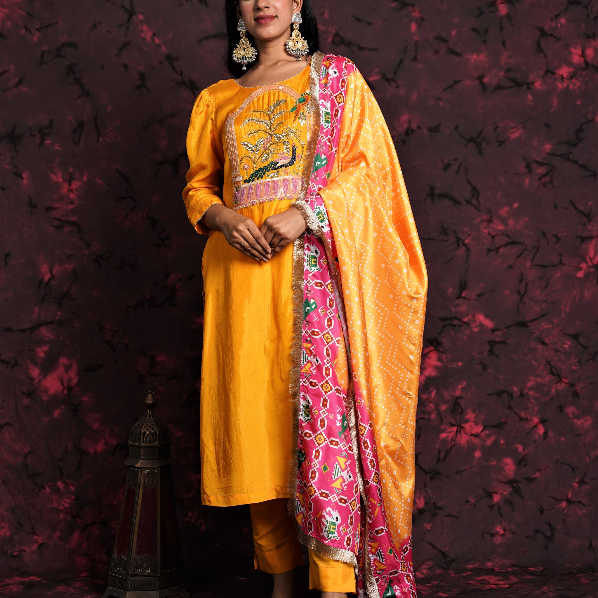 Sunset Yellow Hand Embroidered Silk Suit with Bandhani & Patola Dupatta