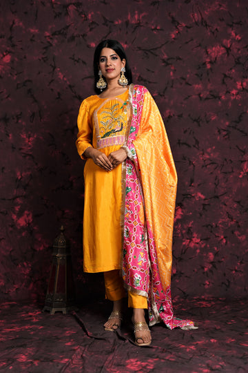 Sunset Yellow Hand Embroidered Silk Suit with Bandhani & Patola Dupatta
