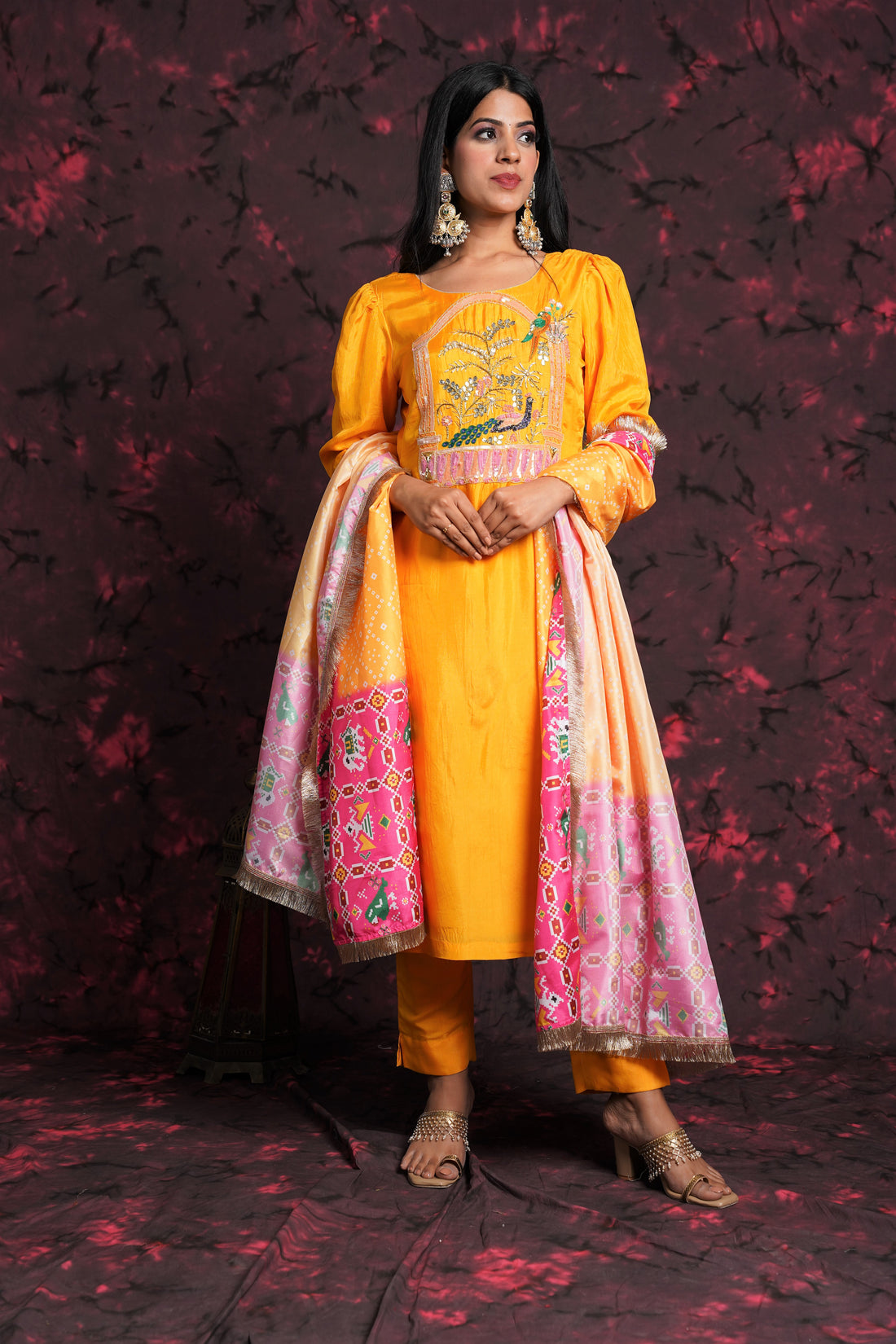 Sunset Yellow Hand Embroidered Silk Suit with Bandhani & Patola Dupatta