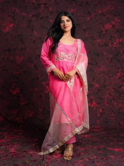 Flamingo Tales Gajiri Pink Silk Hand Embroidered Suit Set