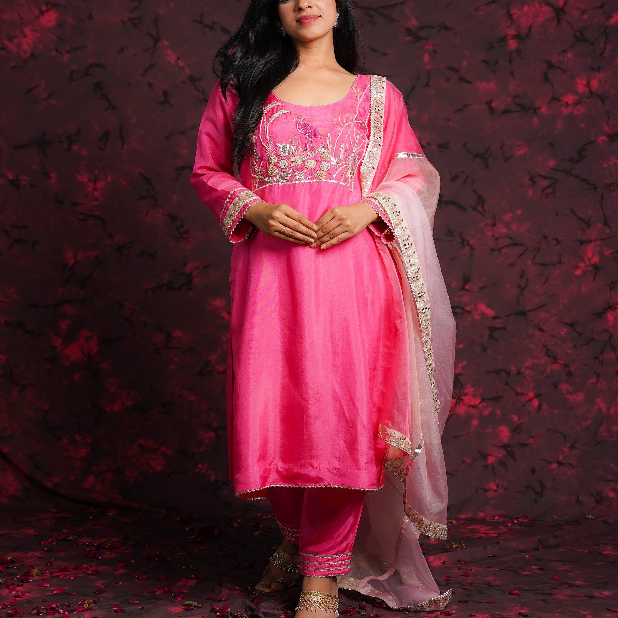 Flamingo Tales Gajiri Pink Silk Hand Embroidered Suit Set