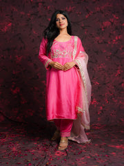 Flamingo Tales Gajiri Pink Silk Hand Embroidered Suit Set