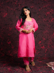 Flamingo Tales Gajiri Pink Silk Hand Embroidered Suit Set