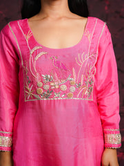 Flamingo Tales Gajiri Pink Silk Hand Embroidered Suit Set