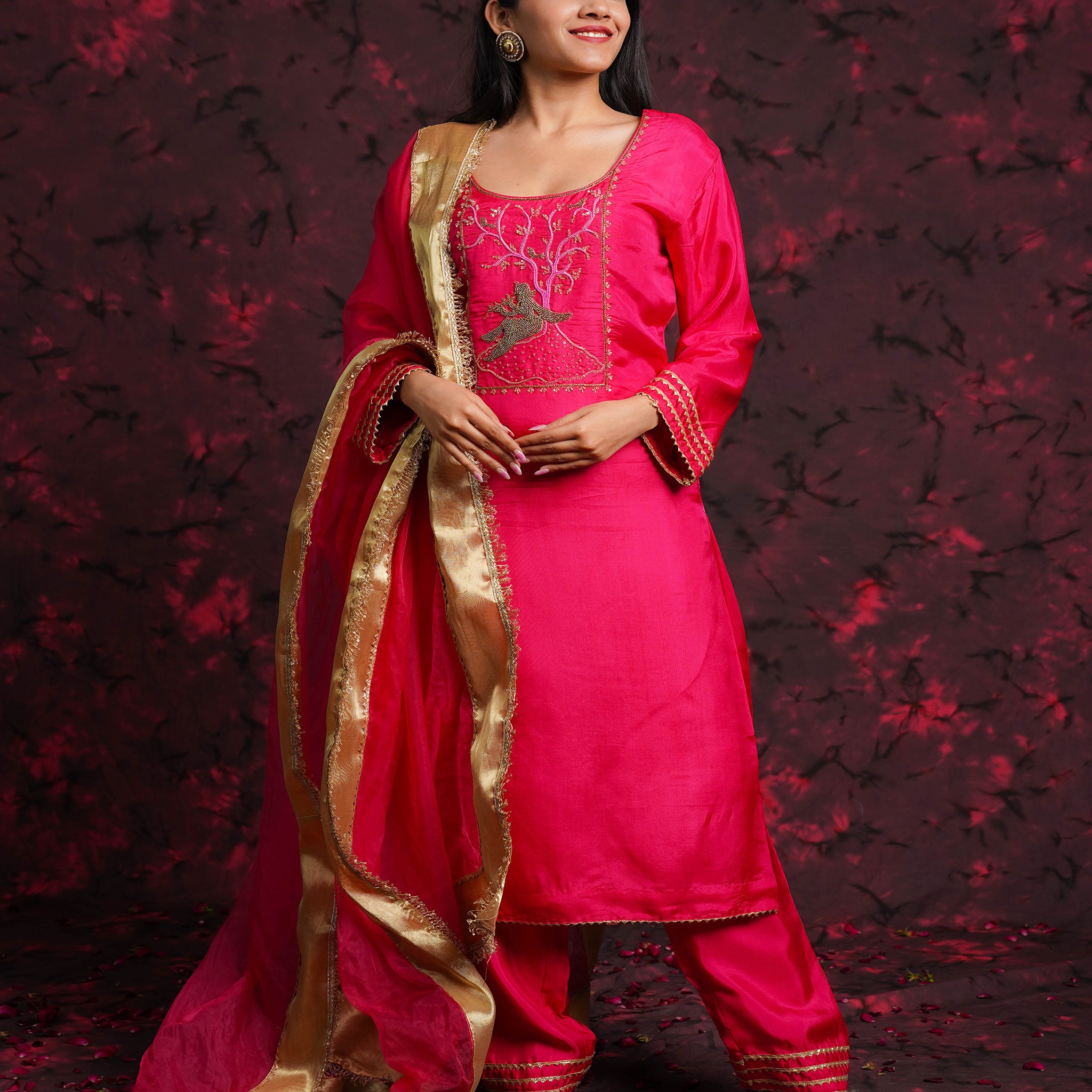 Krishika  Pink Silk Vrindavan Themed Hand Embroidered Suit Set