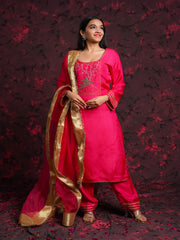 Krishika  Pink Silk Vrindavan Themed Hand Embroidered Suit Set