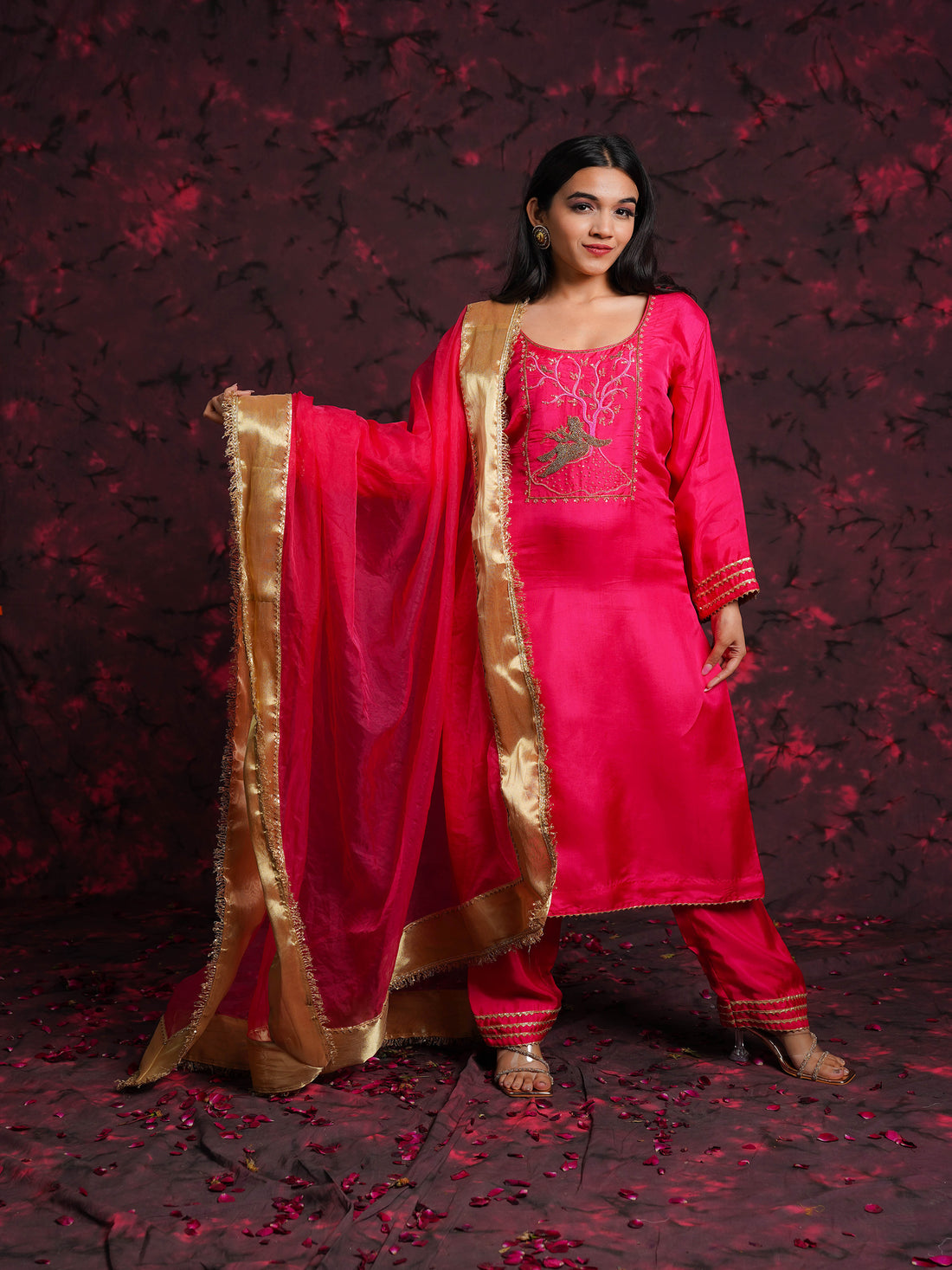 Krishika  Pink Silk Vrindavan Themed Hand Embroidered Suit Set