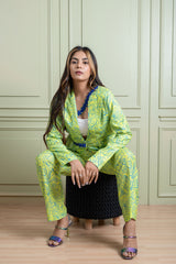 Linen Kopal Neon Green Blazer style Co-ord Set