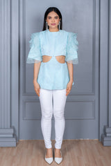 Aarya Sky Blue Sequence Top With Ruffled Sleeves