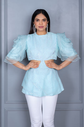 Aarya Sky Blue Sequence Top With Ruffled Sleeves