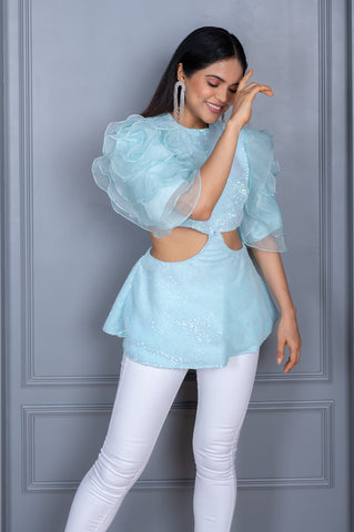 Aarya Sky Blue Sequence Top With Ruffled Sleeves